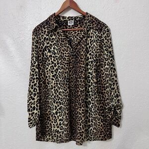Anne Klein Leopard Print Blouse Womens XL Roll Tab‎ Sleeve V-Neck Animal Top Tan